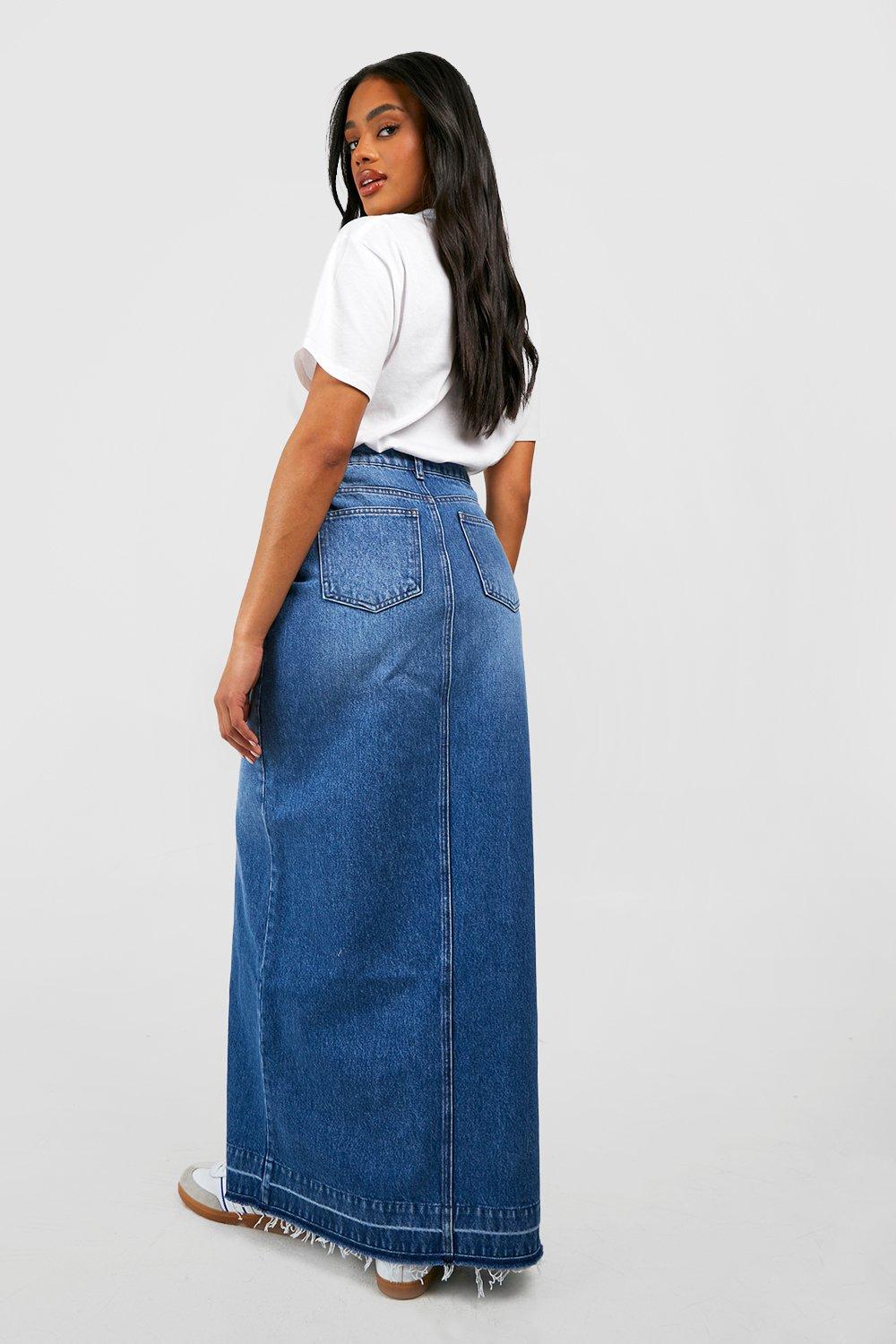 Women s High Waisted Split Front Denim Maxi Skirt Boohoo UK